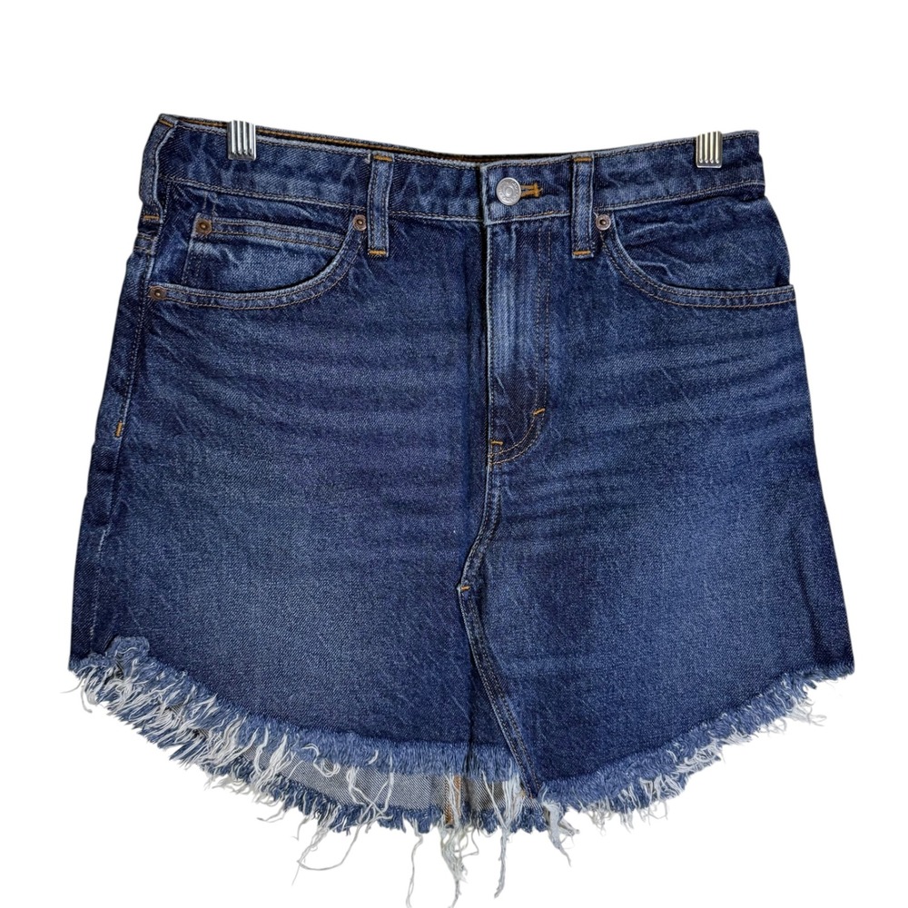 Free People Denim Mini Skirt Women 27 Dark Wash New NWT Frayed Curved Hem